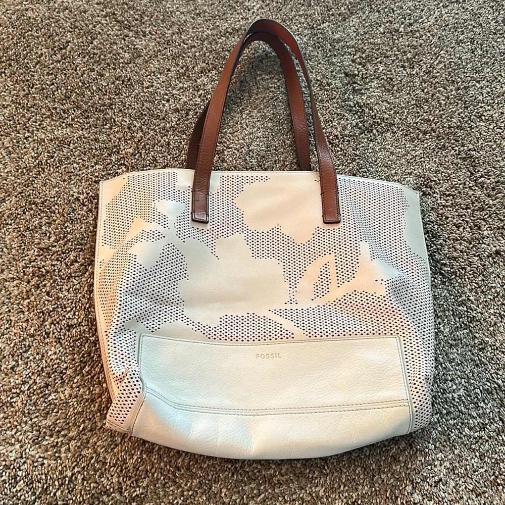 Fossil Madison Leather Trimmed Tote Shoulder Bag